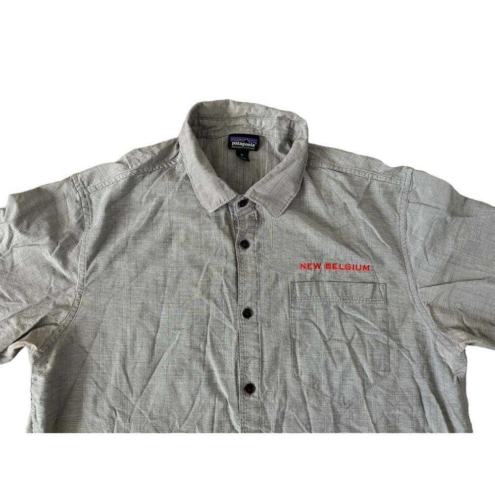 Patagonia New Belgium Brewery Gray Striped S/S Button Up Slub Poplin Shirt